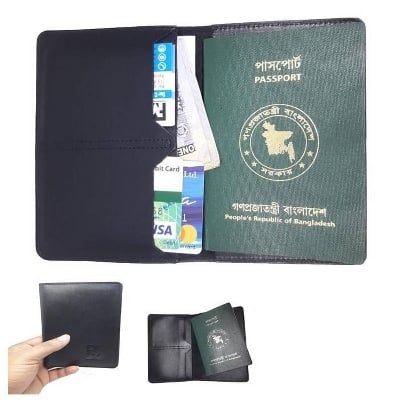 Picture of Cowhide Genuine Leather Passport Cover, Card Holder with money bag - Black