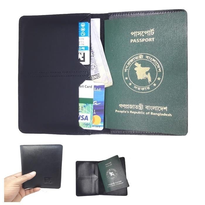 Picture of Cowhide Genuine Leather Passport Cover, Card Holder with money bag - Black