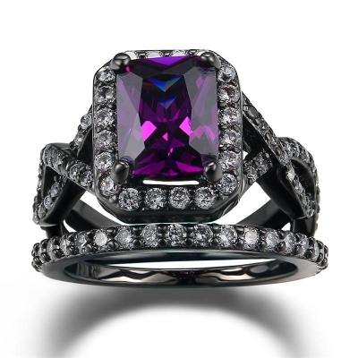 Picture of Black Princess Cut Crystal Wedding Engagement Ring(Null) - Black