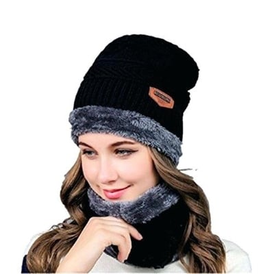 Picture of Neck warmer knitted hat scarf set fur Wool Lining Thick Warm Knit beanies balaclava Autumn Winter Hat For men - Black