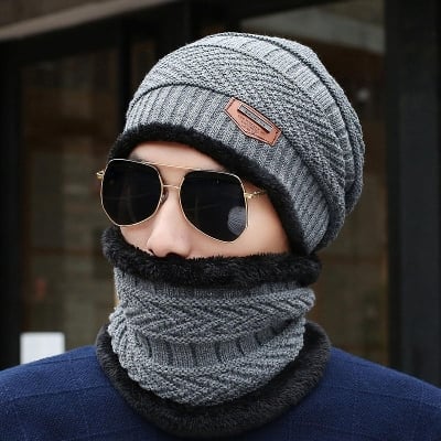 Picture of Face Neck Warmer Knitted Hat Scarf Set Fur Wool Lining Thick Warm Knit Beanies Balaclava Winter Hat for Men - Grey