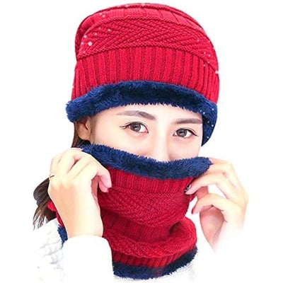 Picture of Winter Beanie Hat Scarf Set Warm Knit Hat Thick Fleece Lined Skull Cap for Men Women - Red