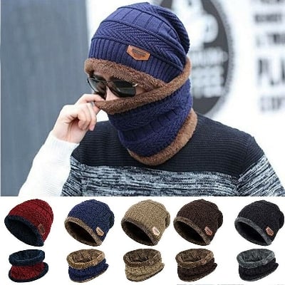 Picture of Men Winter Slouchy Beanie Hat Scarf Set Women Lined Warm Thick Knit Snow Cap - Blue
