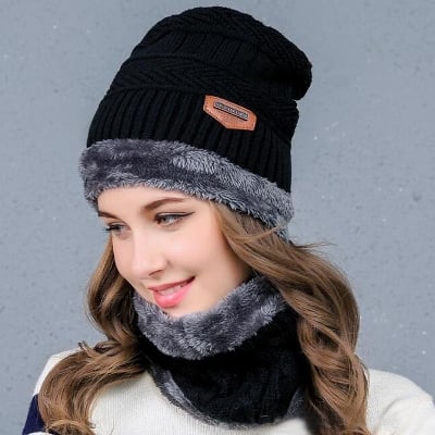 Picture of Winter Beanie Hat Scarf Set, Warm Soft Knit Hat Thick Fleece Lined Winter Knit Skull Cap Scarf for Men Women
