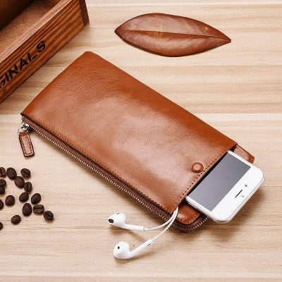 Picture of Men's Leather Long Wallet Soft Zipper Handbag Phone Bag For Men/Women - Brown