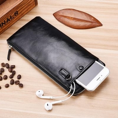 Picture of Men's Leather Long Wallet Soft Zipper Handbag Phone Bag For Men/Women-1pcs - Black