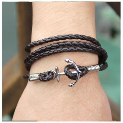 Picture of Leather and Silver Men’S Bracelet(Null) - Black