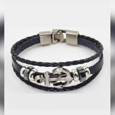 Picture of Gorgeous Black Leather and Anchor Mens Bracelet(Null) - Silver
