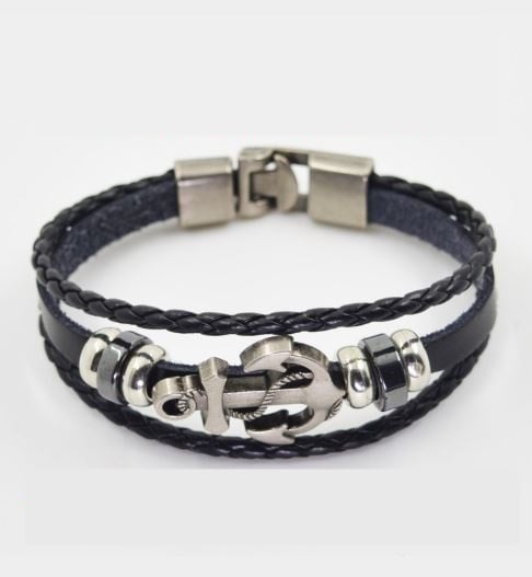 Picture of Gorgeous Black Leather and Anchor Mens Bracelet(Null) - Silver