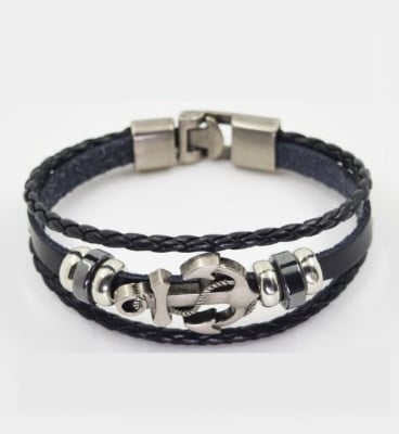 Picture of Gorgeous Black Leather and Anchor Mens Bracelet(Null) - Silver