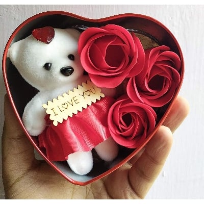 Picture of Heart Shaped Box Best Gift For Valentine, Red Scented Rose Soap Flower Petals & Soft Teddy Bear- Red Colour -Multi-Color - Gift Box
