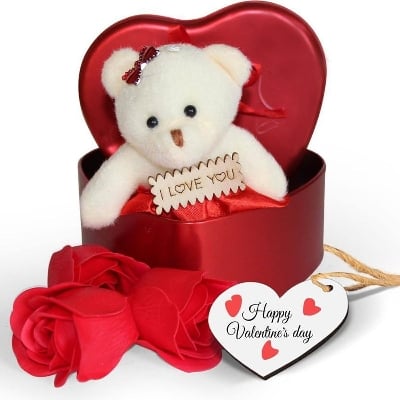 Picture of Heart Shape Gift Box with Teddy & Rose -Multi-Color