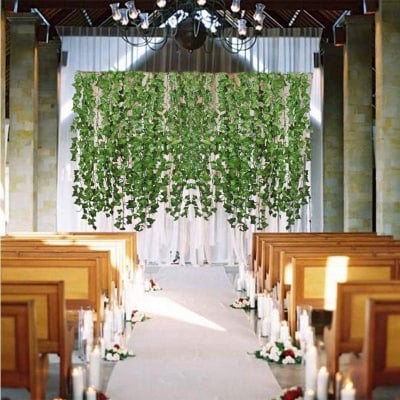 Picture of Artificial Greenery Fake Ivy Leaves Garland Hanging for Wedding Party Garden Wall Decoration - Green