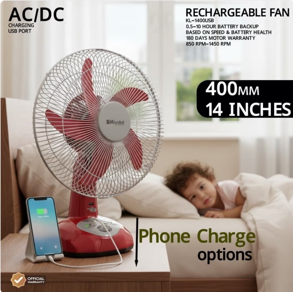 Picture of Miyako Rechargeable Fan KL-1400USB (14 inches) 