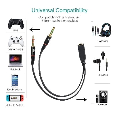 Picture of 2 Male to 1 Female 3.5mm Headphone Earphone Mic Audio Y Splitter Cable - Black