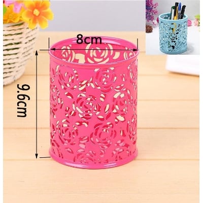Picture of Hollow metal storage pen box rose flower design cylinder pen pencil pot holder