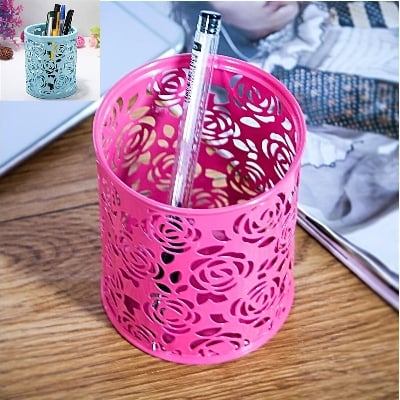 Picture of Pencil Pot Hollow Rose Makeup Brush Holder Cylinder Pen Pot Holder for Office Study