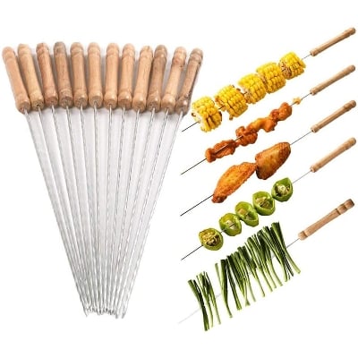 Picture of 12pcs Stainless Steel Metal Barbeque Skewer Needle BBQ Kebab Stick Set