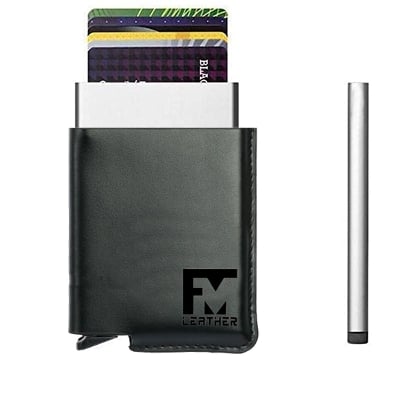 Picture of Automatic Stainless Steel Aluminum Credit Card Holder with Leather Cover - Silver