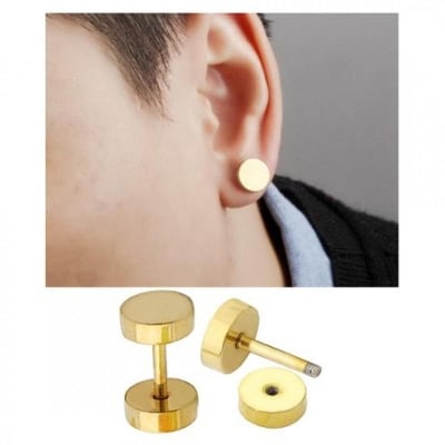 Picture of 2 Pcs  Stainless Titanium Steel Earrings Men Women Circular Barbell Dumbbell Stud Earrings - Gold