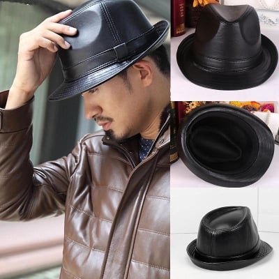 Picture of Fashion PU Leather Hats Bowler Cap Cool Men Women Black - Black