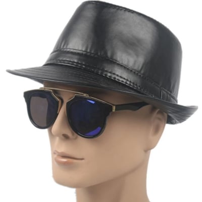 Picture of Faux Leather Fedora Hats for Men for sale - Black