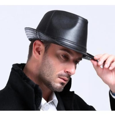 Picture of Men's PU Leather Jazz Cap Short Brim Formal Hat Panama Cap Hat - Black