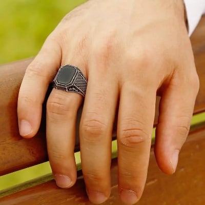 Picture of Fashion Men Male Ring Black Square Signet Ring For Man - Silver
