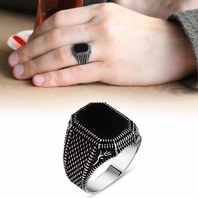 Picture of Fashion Men Male Ring Black Square Signet Ring For Man - Silver