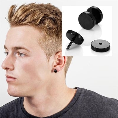 Picture of Black Dumbell Shaped Stainless Steel Stud Earrings For Men - Ear Ring - Silver
