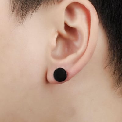 Picture of Black Dumbell Shaped Stainless Steel Stud Earrings For Men - Ear Ring - Silver