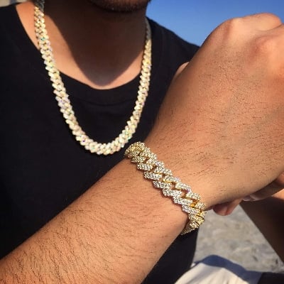 Picture of Golden Stainless Steel Stone Chain & Bracelet For Men - Gold