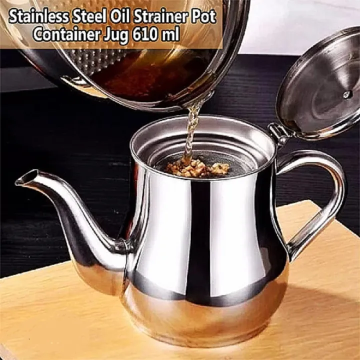 Picture of Stainless Steel Oil Pot Or Use As Tea Kettle Strainer Container Jug-500ml Silver