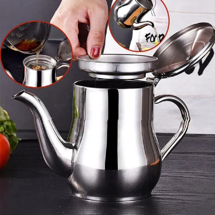 Picture of Stainless Steel Oil Pot Or Use As Tea Kettle Strainer Container Jug-500ml Silver
