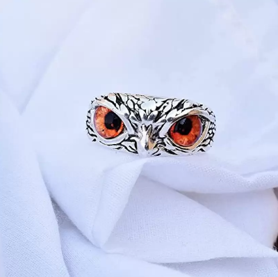 Picture of Orange Color Eyes Owl/Ullu Bird Face Design Thumb Finger Ring Stainless Steel Silver Plated Ring