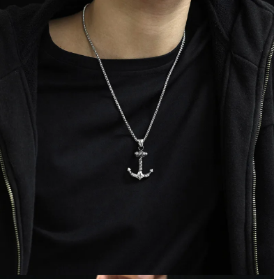 Picture of Vintage Stainless Steel Viking Anchor Necklace For Men - Silver