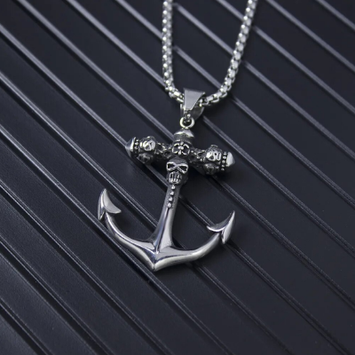 Picture of Vintage Stainless Steel Viking Anchor Necklace For Men - Silver