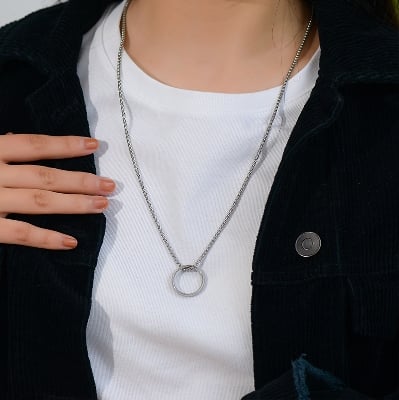 Picture of Simple Necklace With Finger Ring Men's Plain Color Necklace- Fashion Chain - Silver
