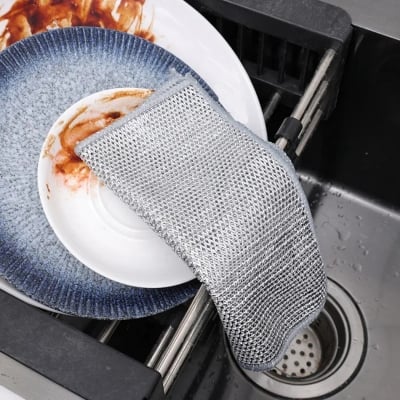 Picture of 5 Pcs double ply Non-Scratch Steel Wire Dishcloth Daily Cleaning Cloth Non Stick Oil Wiping Cloth Kitchen Stove Dishwashing Pot Washing Dishes Silver
