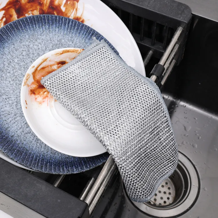 Picture of 5 Pcs double ply Non-Scratch Steel Wire Dishcloth Daily Cleaning Cloth Non Stick Oil Wiping Cloth Kitchen Stove Dishwashing Pot Washing Dishes Silver