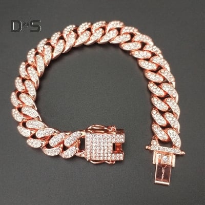 Picture of Fancy Trinket Hip Hop Cuban Link Chain Bracelet Crystal Stone Inlaid Bangle - Copler