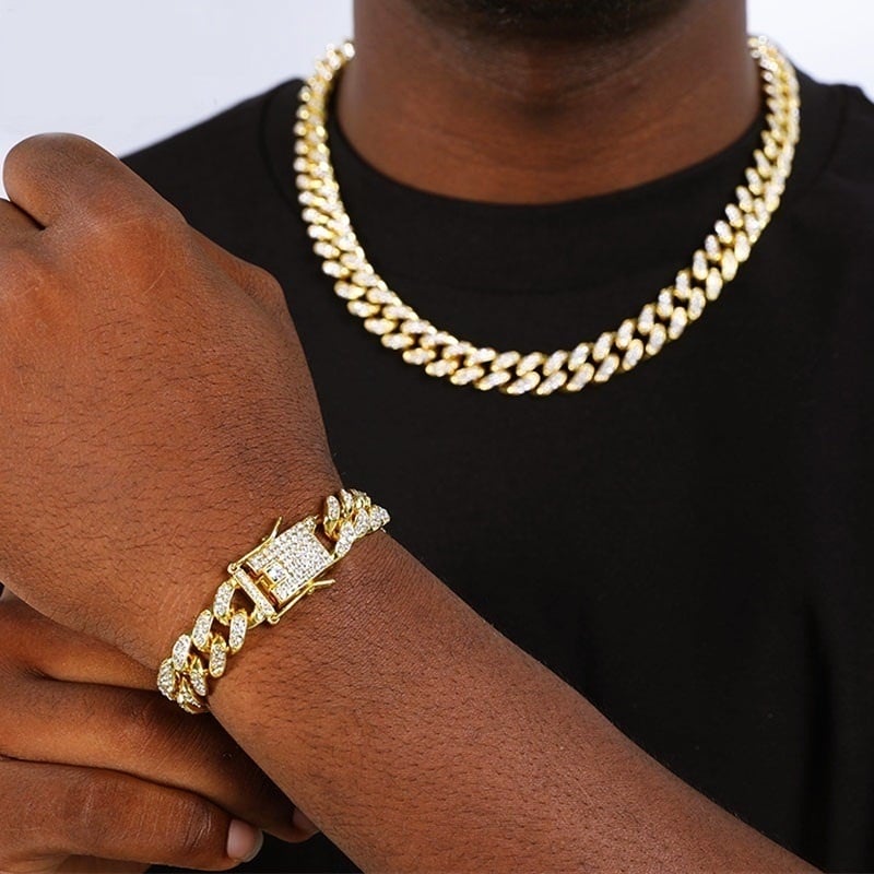 Picture of Men Women Fashion Bracelet Hiphop Cuban Chain Paved Rhinestones Bracelet