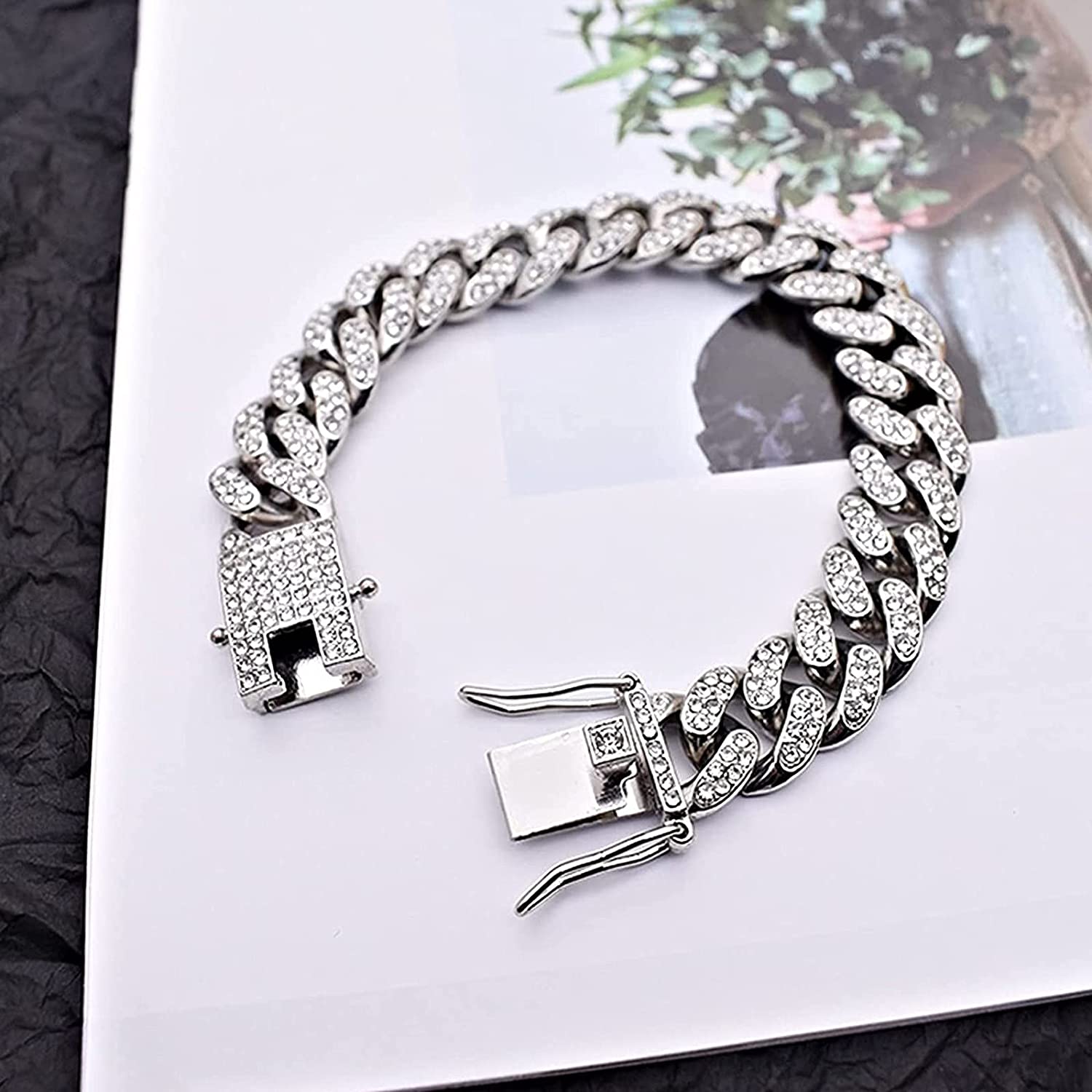 Picture of Fancy Trinket Hip Hop Cuban Link Chain Bracelet Crystal Stone Inlaid Bangle - Silver