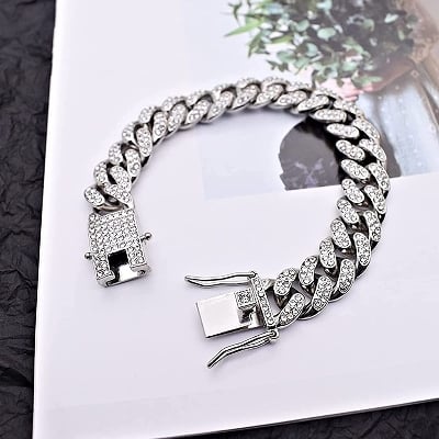 Picture of Fancy Trinket Hip Hop Cuban Link Chain Bracelet Crystal Stone Inlaid Bangle - Silver