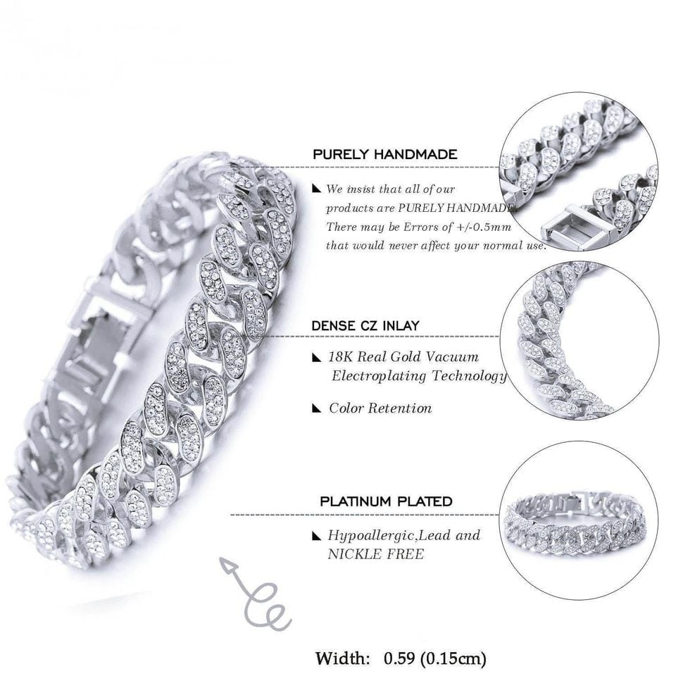 Picture of Fancy Trinket Hip Hop Cuban Link Chain Bracelet Crystal Stone Inlaid Bangle - Silver