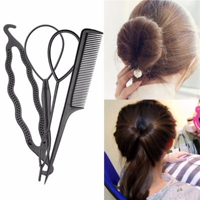 Picture of 4 pcs Hair French Braid Topsy Tail Clip Styling Stick Bun Maker Tool Beauty - Black