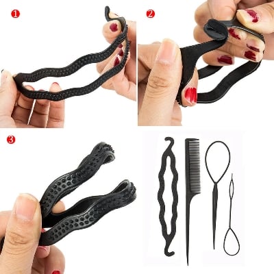 Picture of 4 pcs Hair French Braid Topsy Tail Clip Styling Stick Bun Maker Tool Beauty - Black