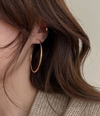 Picture of Fashion Women Statement Earring Round Ear Dangle Hoop Accessories Jewelry- 1Pair - Gold