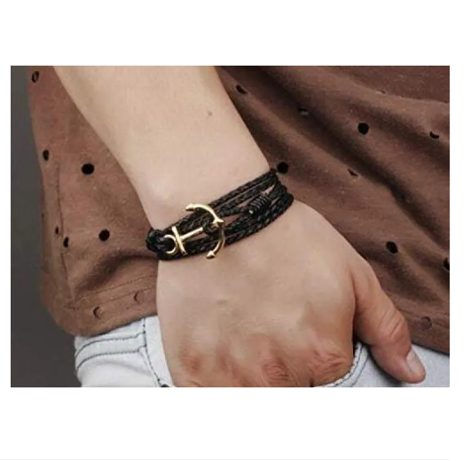 Picture of Anchor Bracelet Mens Leather Bracelet for Men - Black