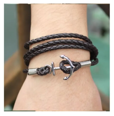 Picture of Anchor Bracelet Mens Leather Bracelet for Men - Black